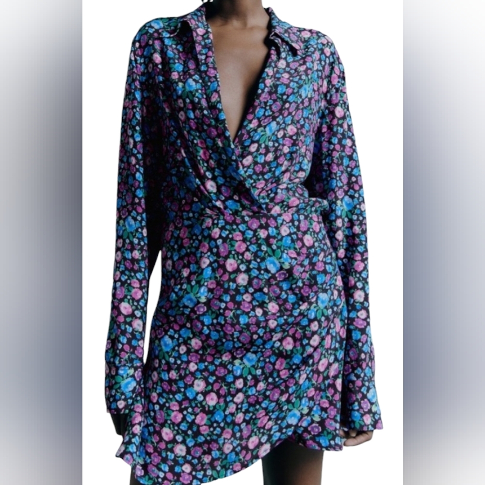 NEW Zara Ditsy Floral Print Faux Wrap Dress Sz Xsm
